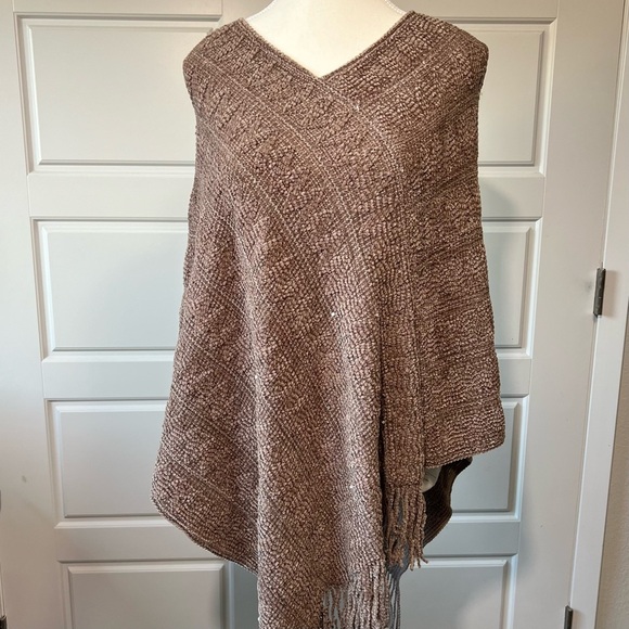 Fringed Chenille Poncho‎ V-Neck Pullover Sweater Cape Shawl Brown - Picture 1 of 7
